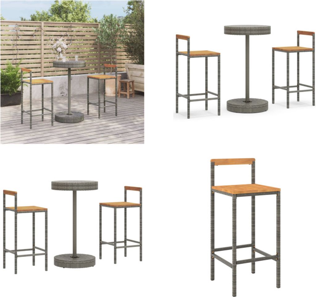 vidaXL 3 tlg. Gartenbar Set Grau Poly Rattan & Massivholz Akazie - Gartenbar Set - Gartenbar Sets - Garten Bar Set - Gartenbar