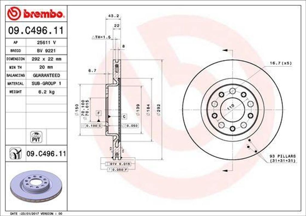 BREMBO 09.C496.11 Bremsscheibe OE 50532944 kompatibel mit Giulia, Stelvio