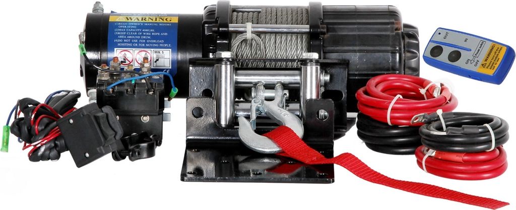 A winch and its accessories are displayed against a white background.