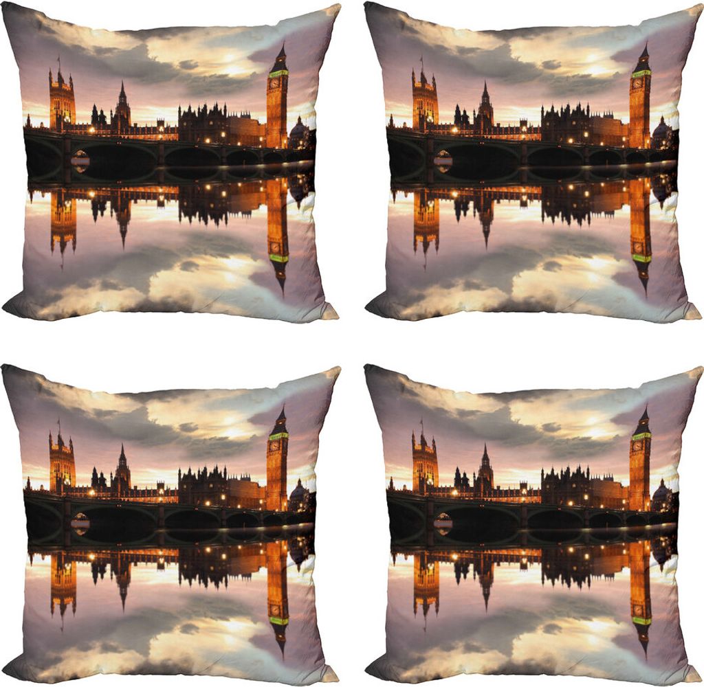 ABAKUHAUS Städtisch Kissenbezug Set (4 Stück), Surreal Evening Big Ben, Moderner Doppelseitiger Digitaldruck, 45 cm x 45 cm, Zimt Grau