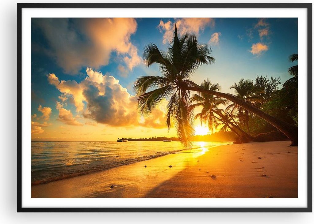 Gerahmtes Poster - Schwarzer Rahmen - Meer Strand Palme - 100x70 cm - Wand Bild - Wanddeko - Wandbilder - Kunstposter - Wandposter - Bilderrahmen -...