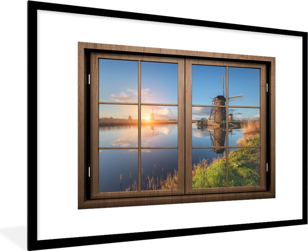MuchoWow MuchoWow Gerahmtes Poster Aussicht - Mühle - Sonnenuntergang 90x60 cm - Poster mit zchwarzem Bilderrahmen - Wanddekoration - Fotos