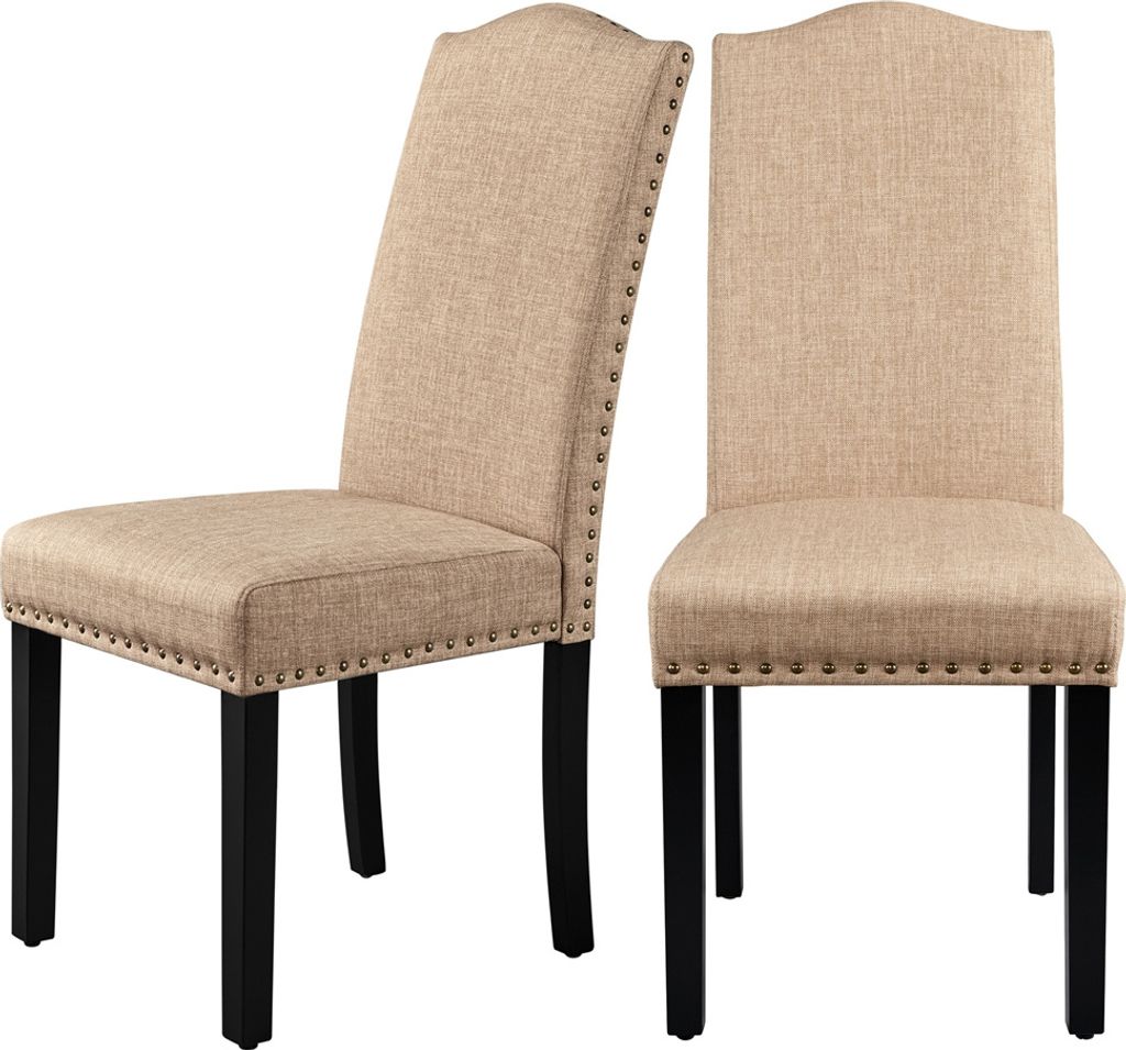 Two beige upholstered dining chairs with dark wooden legs are shown against a white background.
