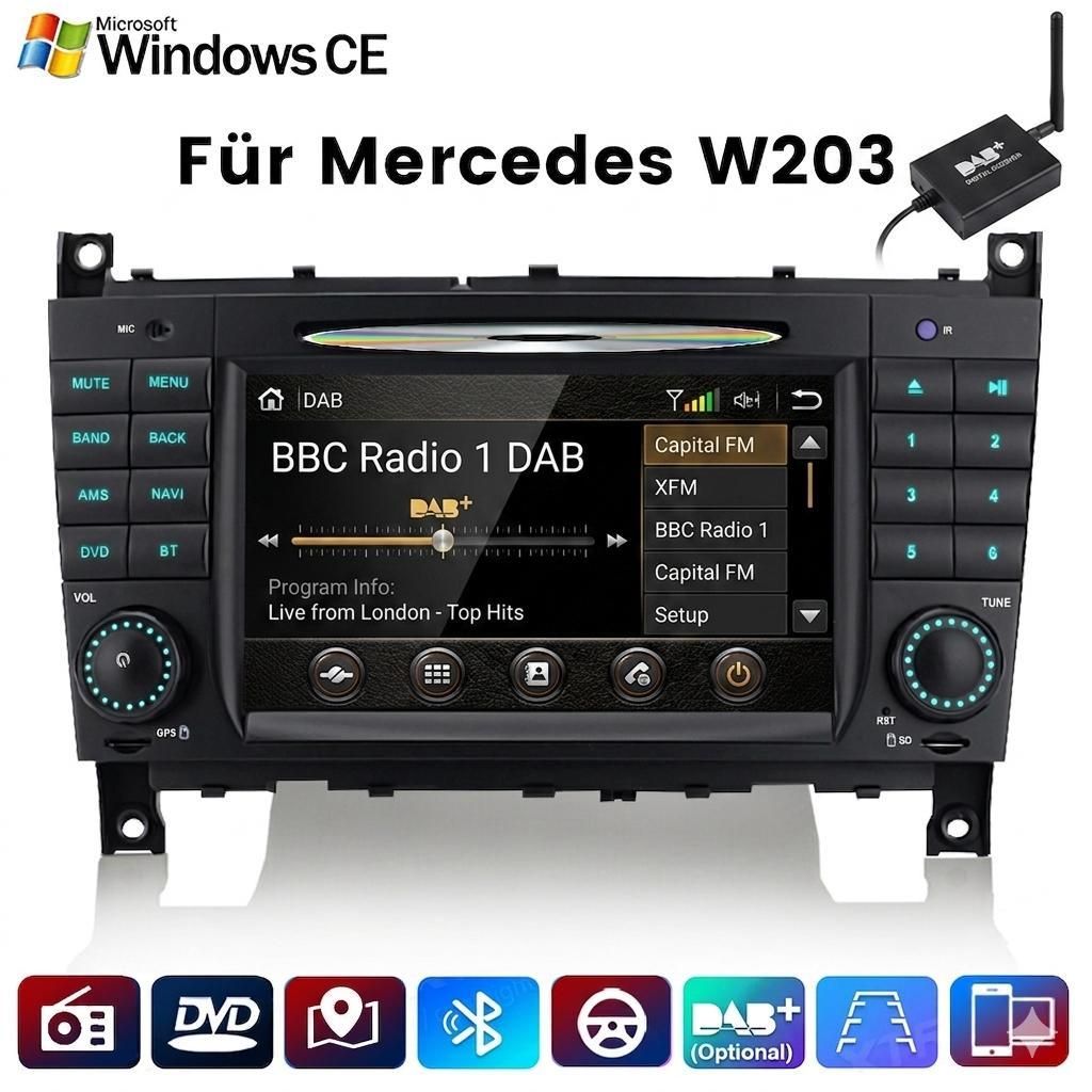 7"Windows-CE Autoradio GPS Navi DVD CD Player USB BT DAB+ Für Benz Mercedes CLC/CLK/C-Klasse W203 W209