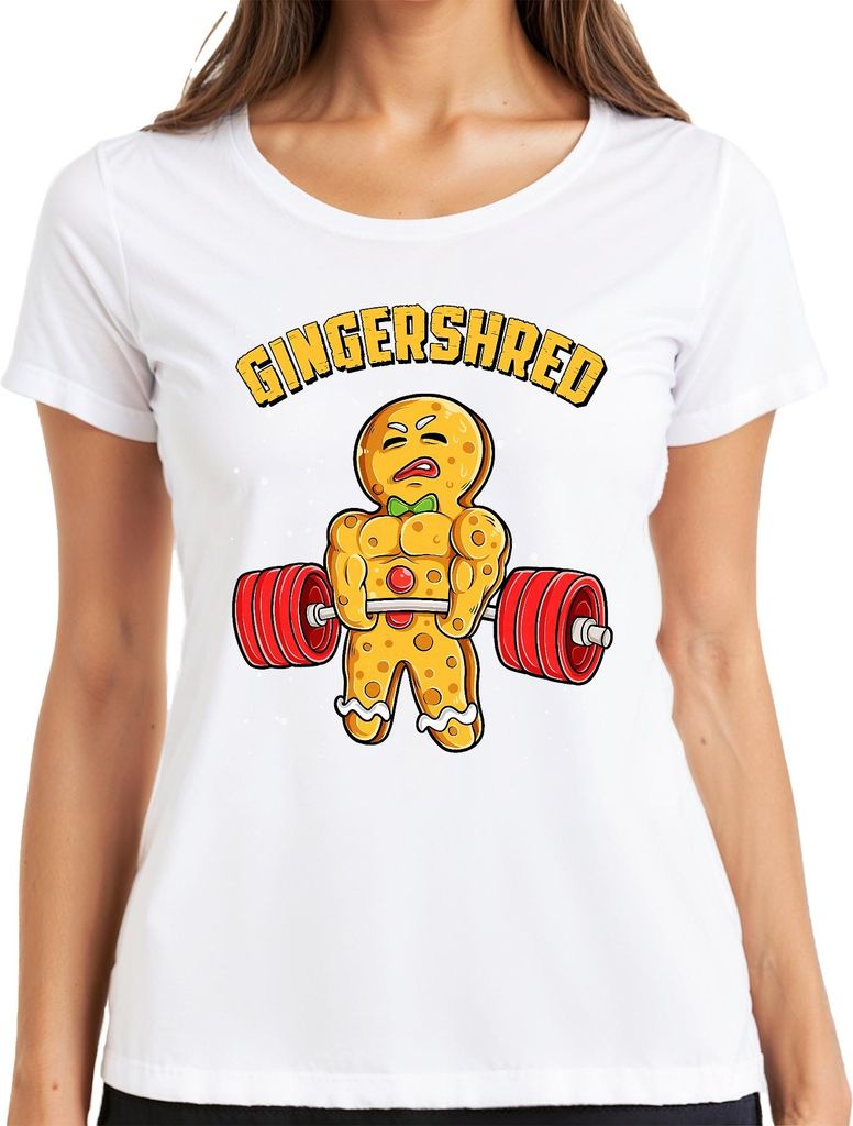 Gingershred Bodybuilder Lebkuchenfigur Fitness Weihnachtstraining Damen T-Shirt, Weiß, XL