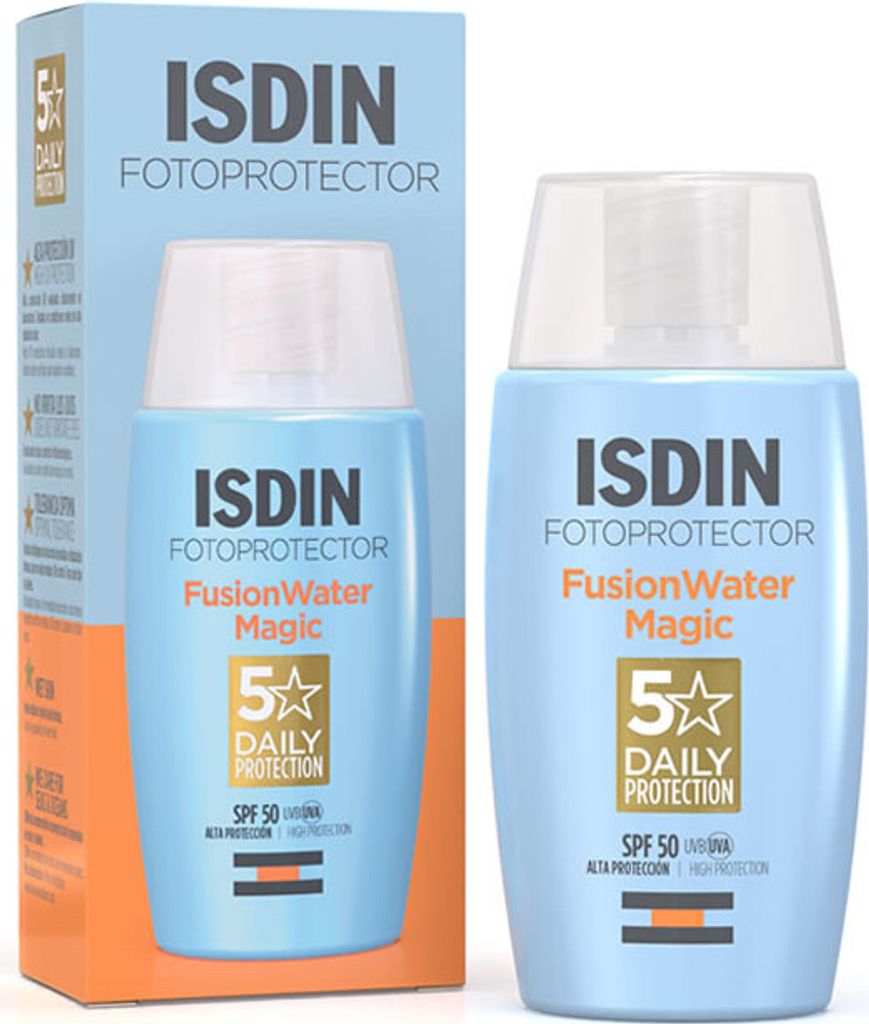 A product shot of ISDIN FOTOPROTECTOR FusionWater Magic SPF50 sunscreen, with its packaging on the left and the bottle on the right.
