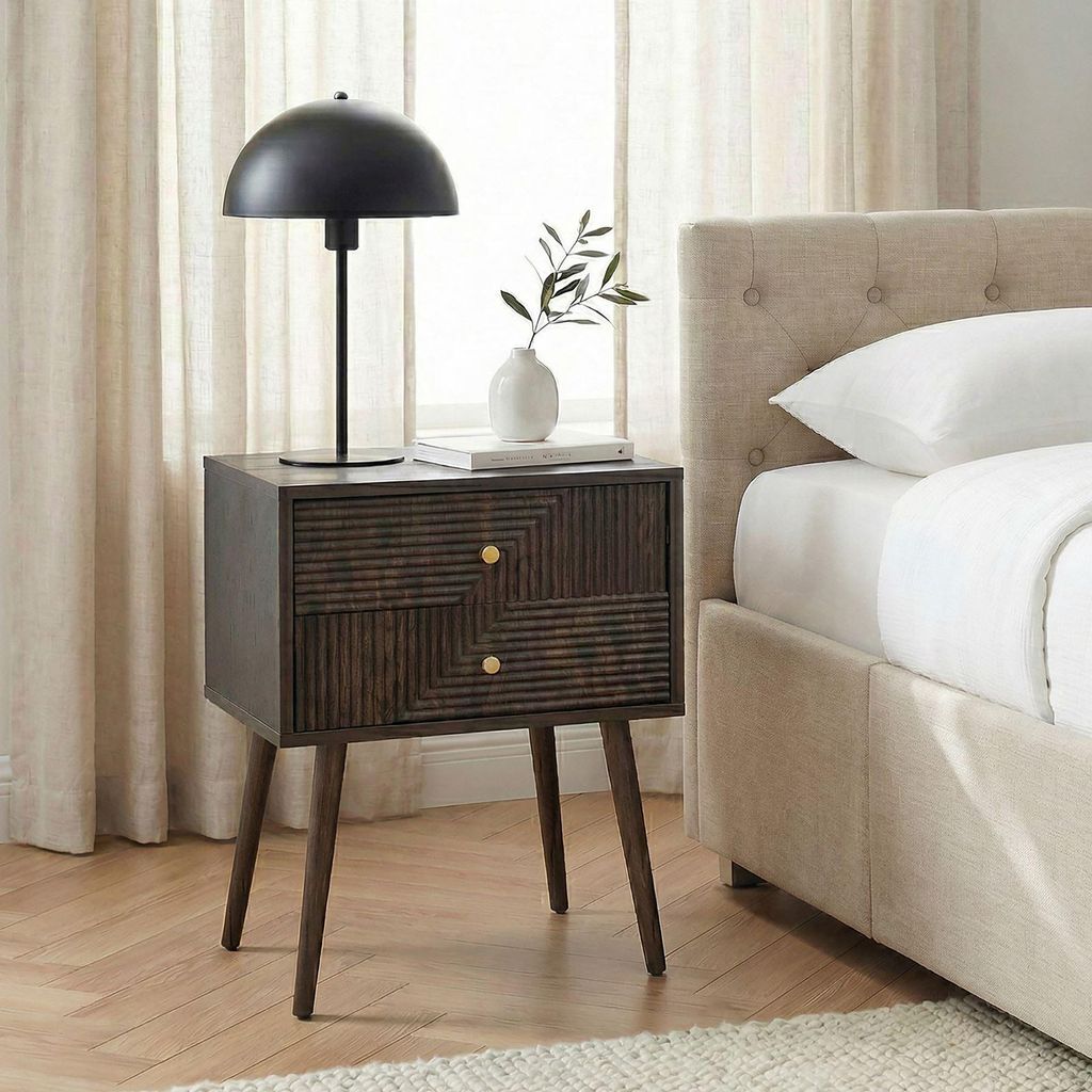 Nachttisch LIVIA mit 2 Schubladen, Dunkelbraun - Nachtschrank mit geometrischer Lamellenfront, Beistelltisch aus MDF, Nachtschrank im modernen Desi...