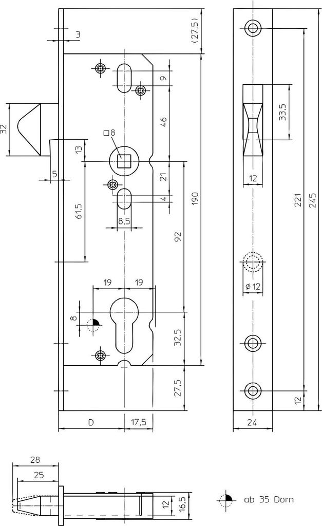 Schiebetürschloss mit Hakenfalle PZW Dornmaß 30mm VK 8mm Produktbild 
