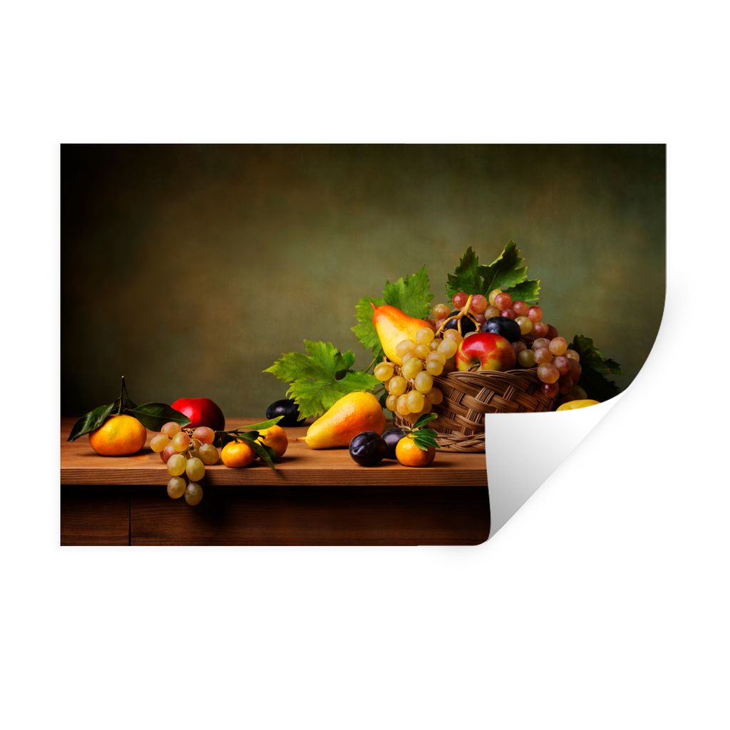 MuchoWow Wandtattoo Wandsticker Wandaufkleber Rustikal - Korb - Obst - Stilleben 120x80 cm Selbstklebend und Repositionierbar - Selbstklebend - F...