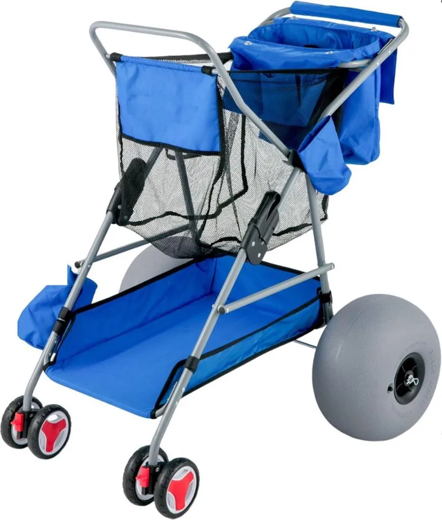 Happyment Chariot de Plage Pliable Bleu avec Roues Pneumatiques et Pompe