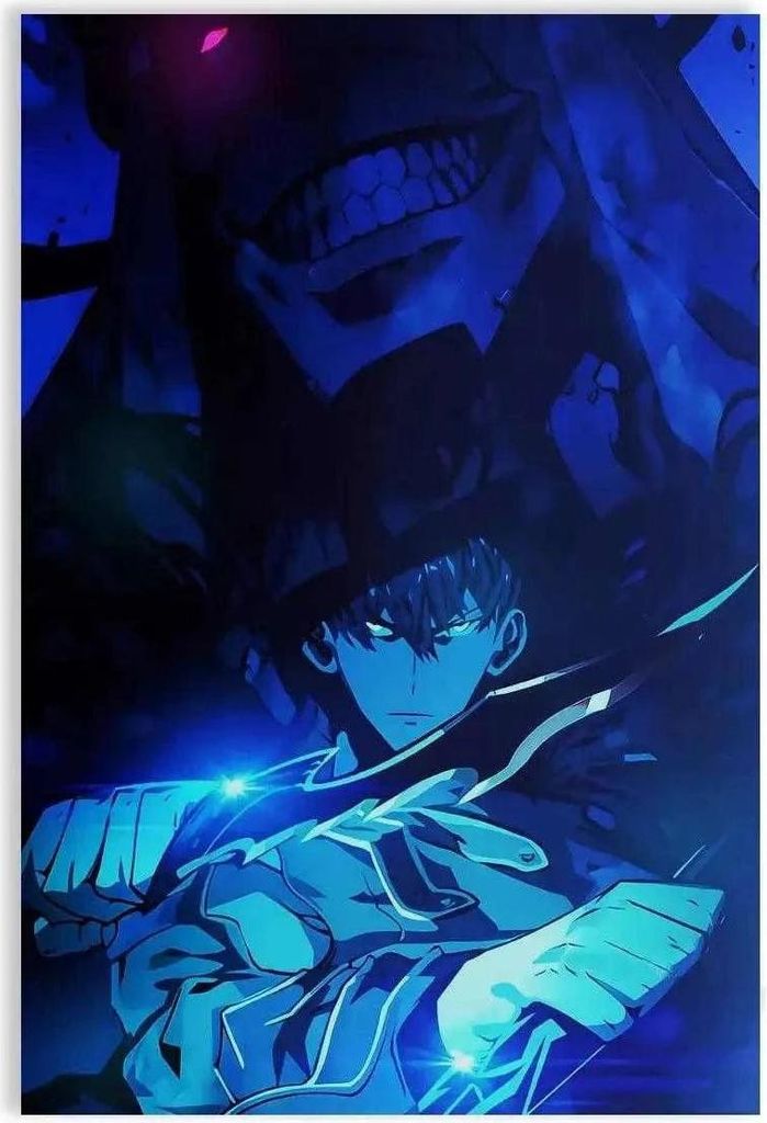 Sung Jinwoo Blue - Solo Leveling - Anime Leinwandbild: 80x120 cm / Leinwand / Silberner Rahmen