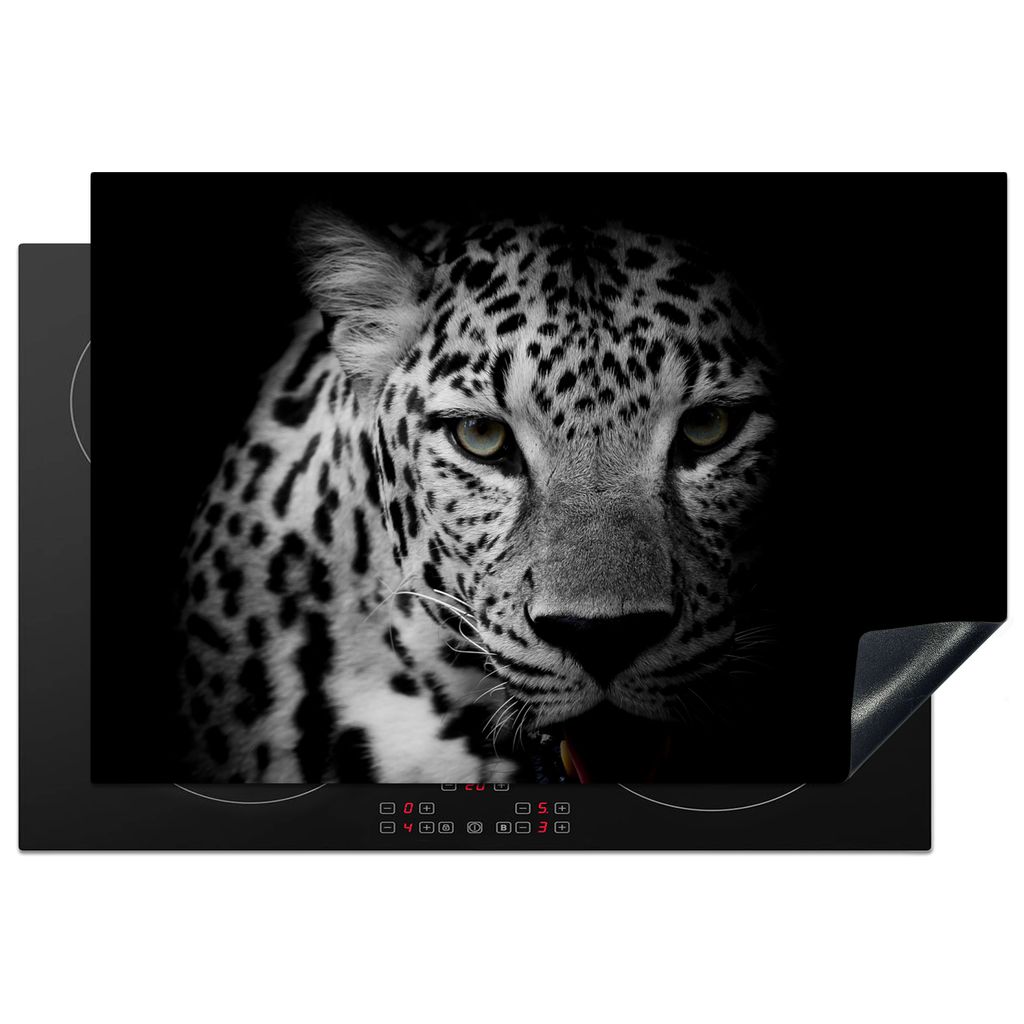 KitchenYeah Herdabdeckplatte Tiere - Schwarz - Weiß - Panther - Porträt , 78x52cm, Küche Deko, Glaskeramikfeld Herdabdeckung, Abdeckplatte fù...