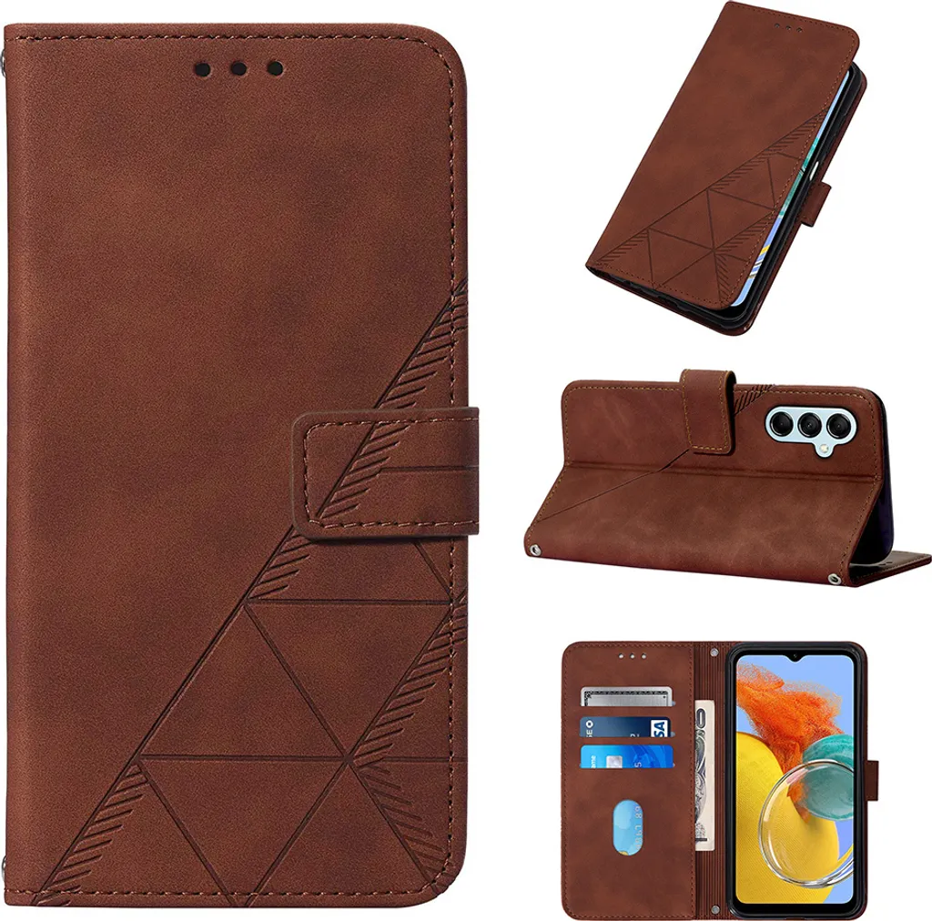 Custodia in pelle flip per Samsung Galaxy M14 5G con design a portafoglio e goffratura, porta carte e supporto Marrone