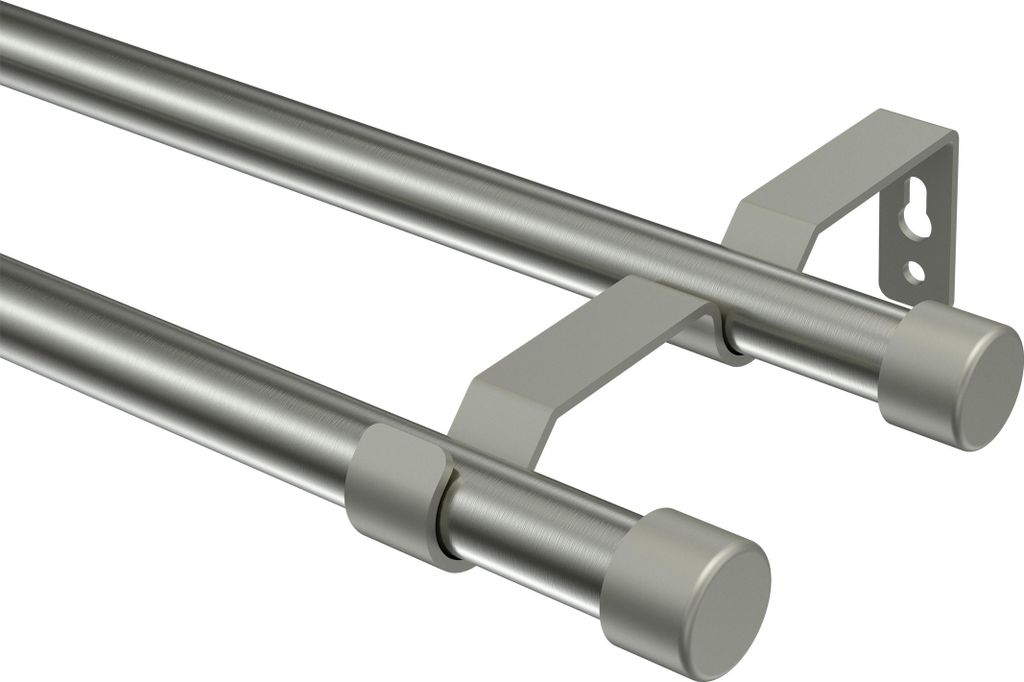 Interdeco Gardinenstange / Vorhangstange Edelstahl-Optik / Chrom matt, Typ Olymp Lucan (Kappe), 16 mm Ø 2-läufig, 440 cm