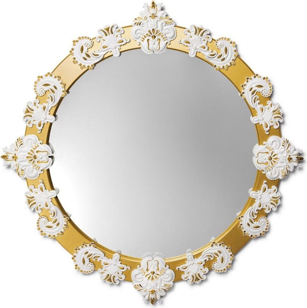 Casa Padrino Designer Wandspiegel Gold / Weiß Ø 124 cm - Luxus Spiegel mit handgefertigter Porzellan Deko aus feinstem Spanischen Porzellan