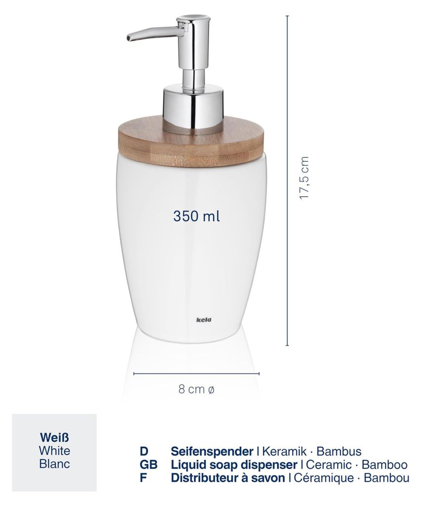 Kela Zeepdispenser Natura, keramiek, wit, bamboe, 17,5 cm Productafbeelding 