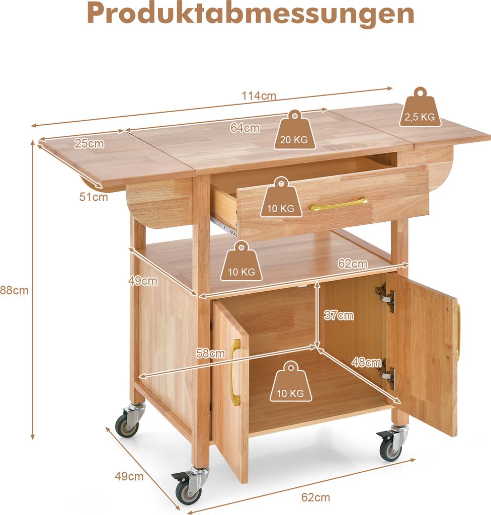 COSTWAY Küchenwagen auf Rollen, Servierwagen mit klappbarer Produktbild 3