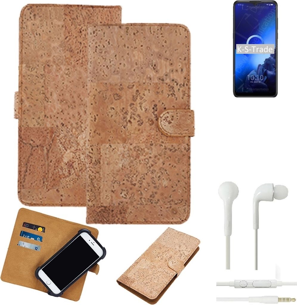 K-S-Trade Hülle kompatibel mit Alcatel 3X (2019) + in ear Kopfhörer Kork Handyhülle Cover Schutzhülle TPU Case Bumper in Hellbraun, (1x)