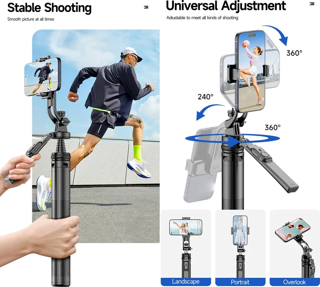 Trépied téléphone 180cm avec quadripode stable et télécommande Bluetooth - 7