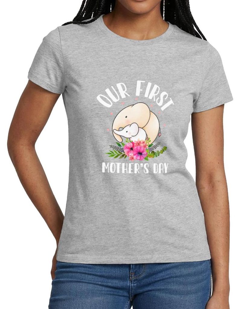 Spreadshirt Erster Muttertag Elefant | Our First Mother ́s Day Frauen T-Shirt, XXL, Grau meliert