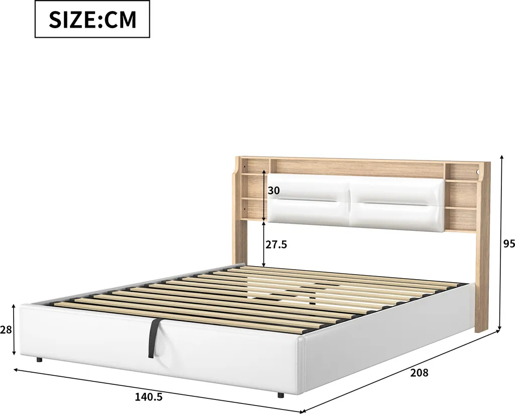 Lit blanc 140x200cm avec rangement hydraulique pour optimiser l'espace