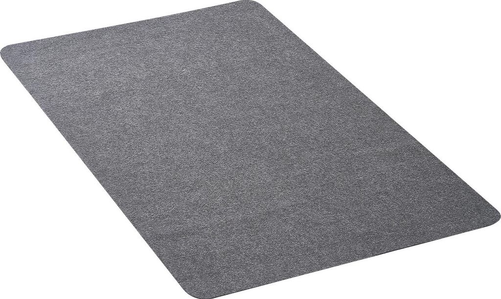 A dark gray floor mat for an office chair.