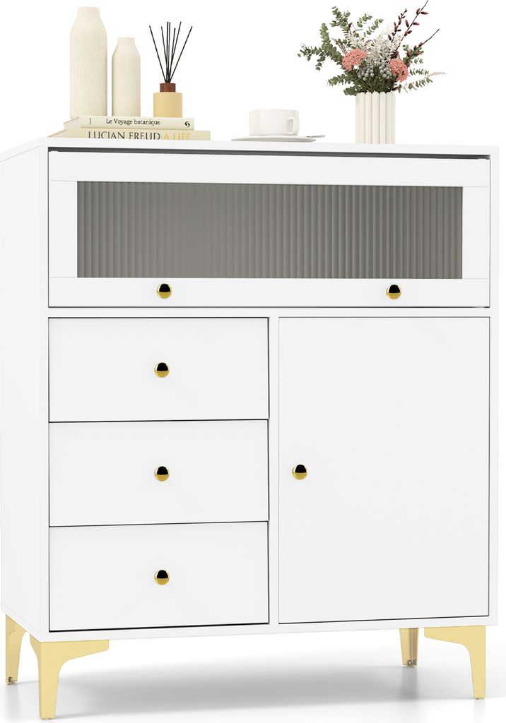 A white cabinet with a fluted glass door and gold legs, decorated with vases, books, and a small floral arrangement on top.