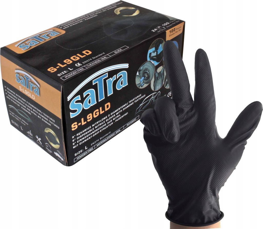 SATRA | Einweghandschuhe, Gr. S 100 Stück/Box, Schwarz, Einmalhandschuhe Extra Stark, Nitrilhandschuhe, Handschuhe Einweg