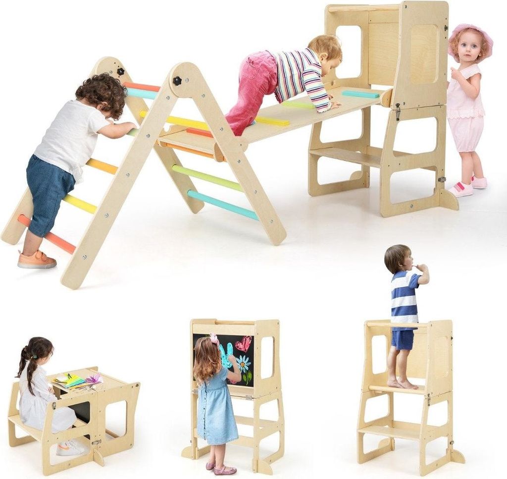 Kletterdreieck mit Rutsche 7 in 1 Klettergerüst Indoor für Kinder ab 3 Jahren Mehrfarbig + Natur
