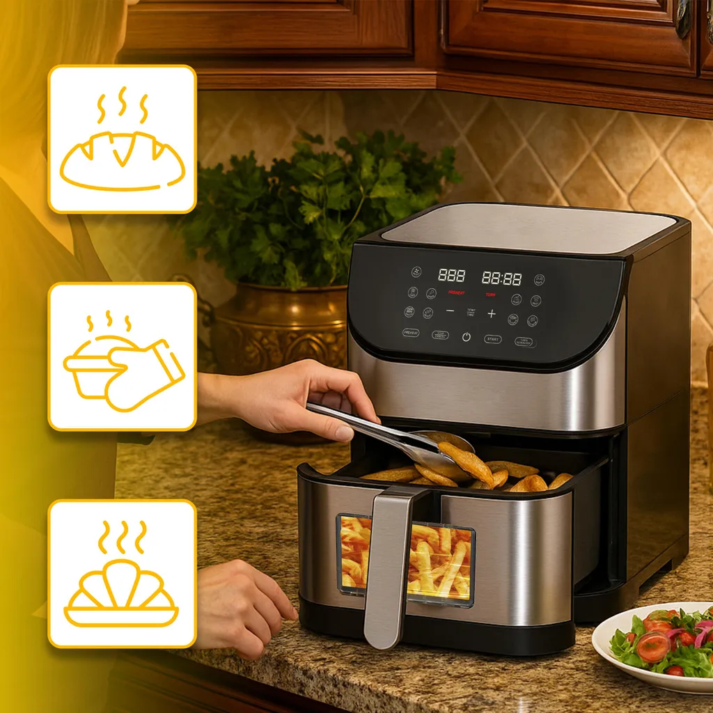 Friteuse à air chaud 12 programmes 8L avec écran LED tactile et vitre