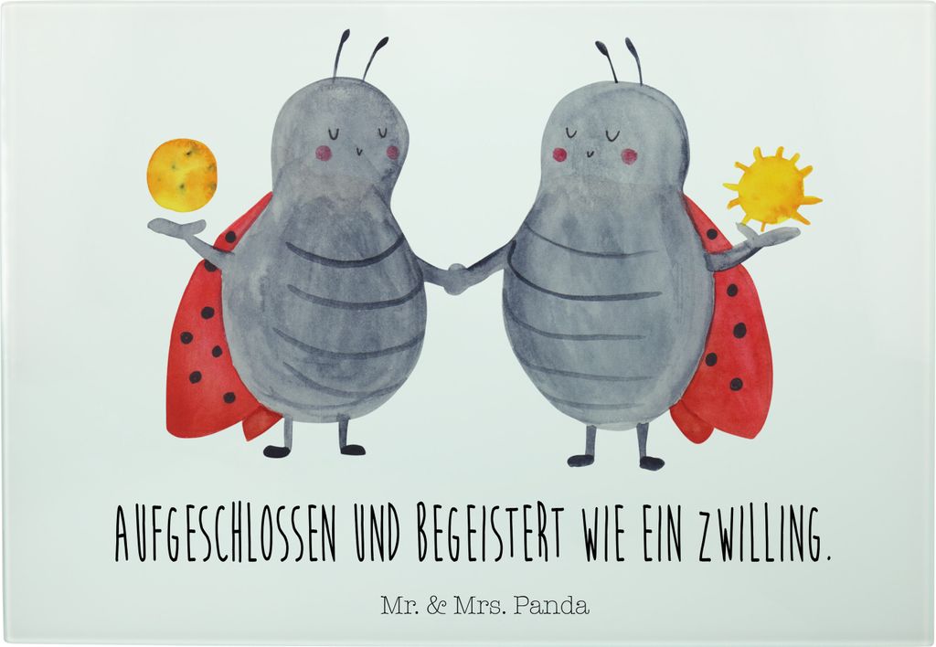 Mr. & Mrs. Panda Frühstücksbrett Sternzeichen Zwilling - Weiß - Geschenk, Glückskäfer, Marienkäfer, Zwillinge, Zwillingsbruder, Glasschneideb...