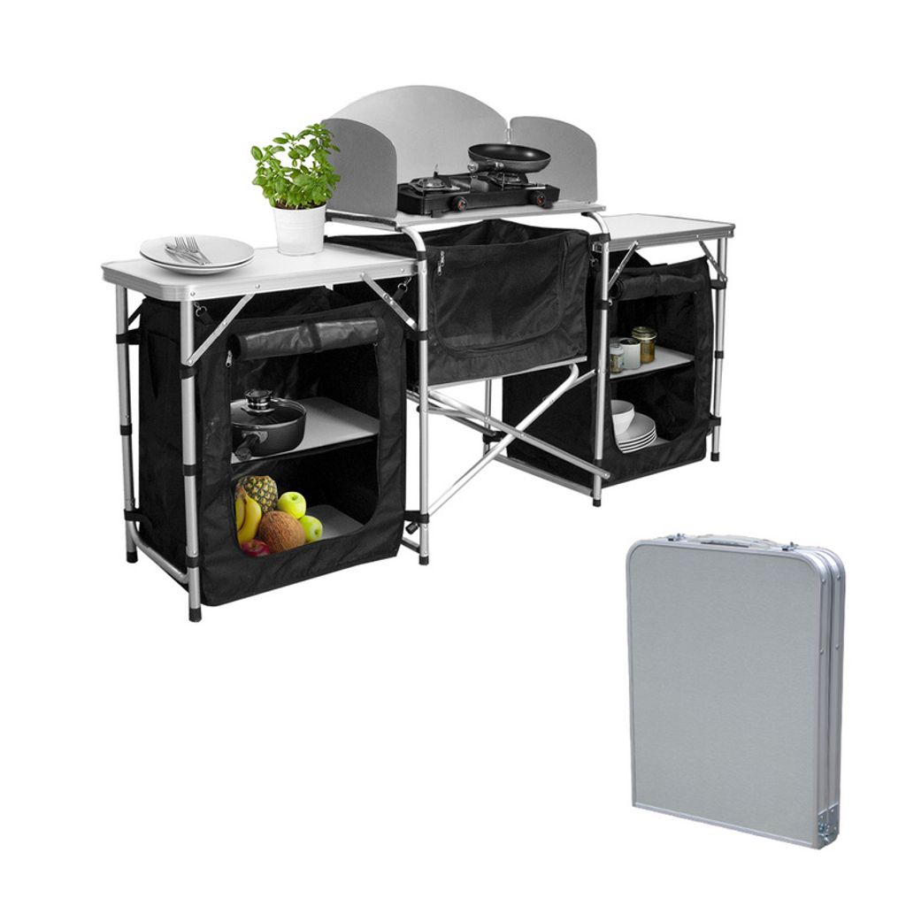 Fiqops Campingküche Küchenbox Windschutz Alu Spritzschutz Faltschrank Camping ca. (L) 164.5 cm x (B) 52 cm x (H) 104 cm-Drei Desktops