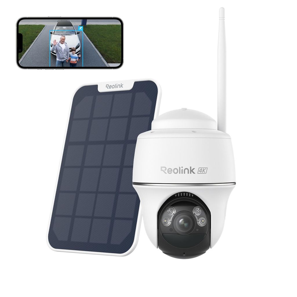 A white Reolink 4K security camera with a solar panel and a smartphone displaying a live feed.