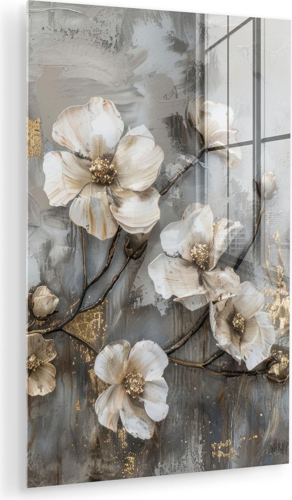 MuchoWow Glasbilder - Bilder auf Wandbild - Foto auf Glas Blumen - Weiß - Grau - Gold - Luxus 20x30 cm Wanddekoration aus Glas - Acrylglasbild - A...