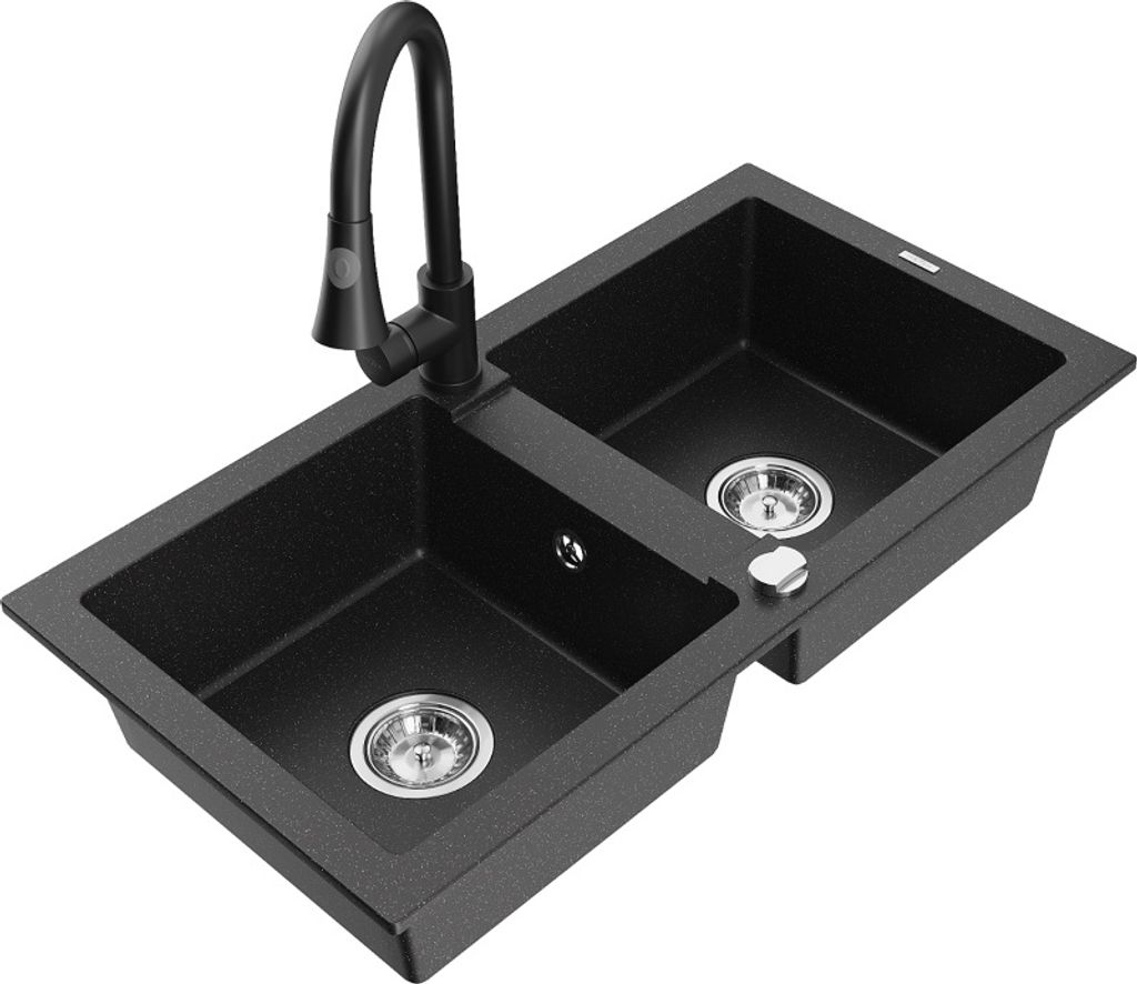 Mexen Mario 2-Becken-Granitspüle mit Mischbatterie Elia, Schwarz/Silbermetallic - 6504-73-670101-70