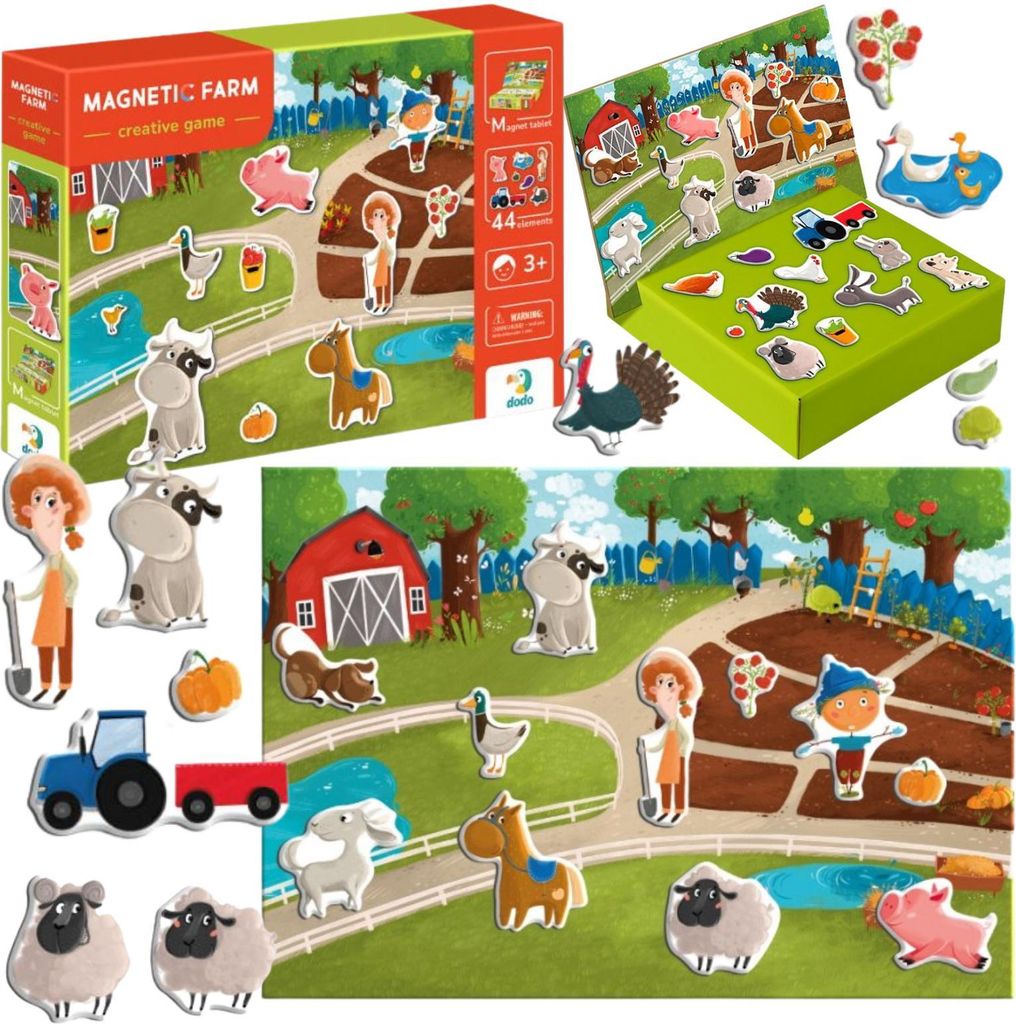 A collage of images showing a magnetic farm playset with various farm animals, people, and farm equipment.