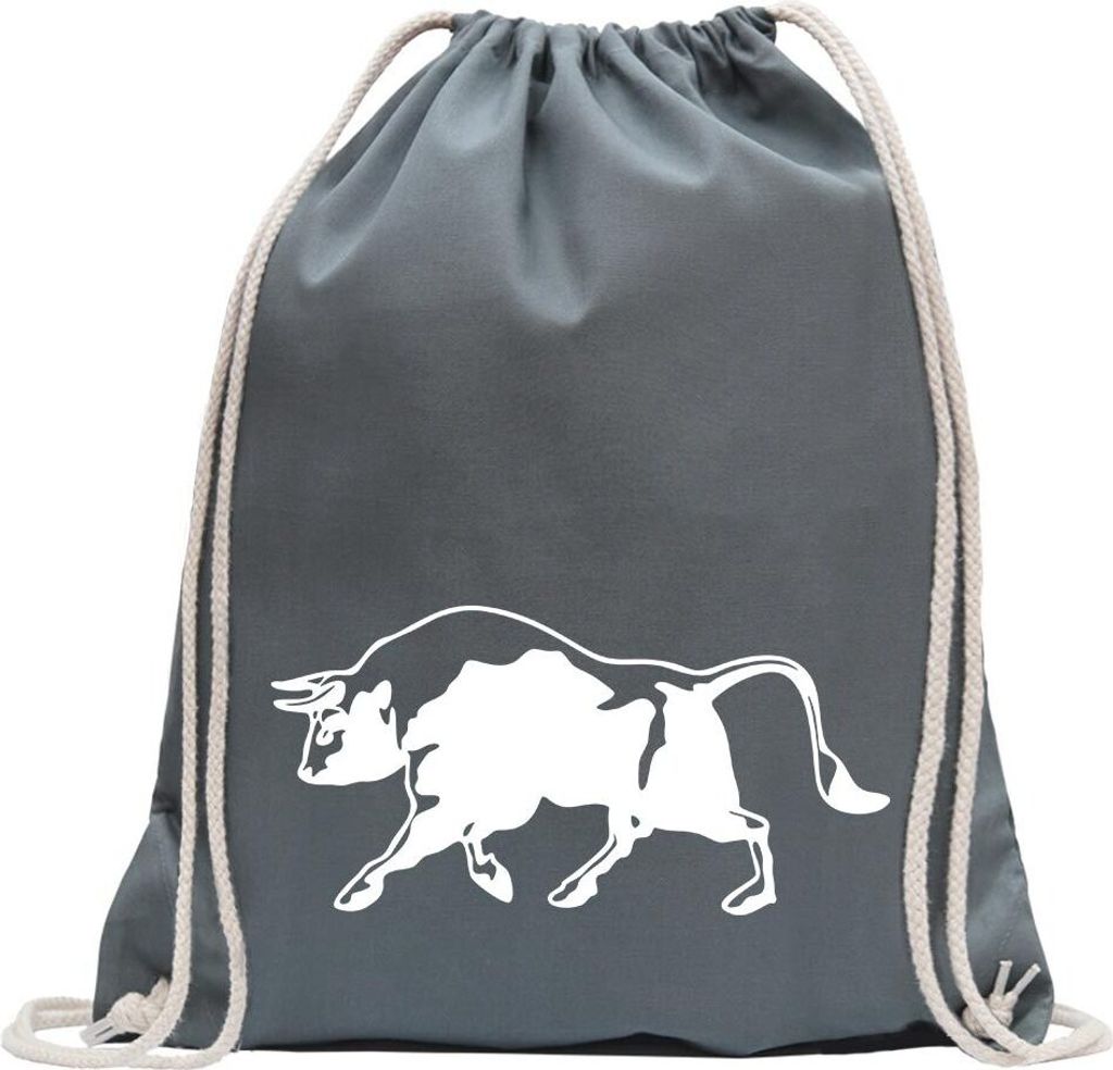 Kiwistar - Turnbeutel - stahlgrau - Stier Motiv 1 - Bulle - Hausrind - Fun Rucksack Sport Beutel Gymsack Baumwolle mit Ziehgurt