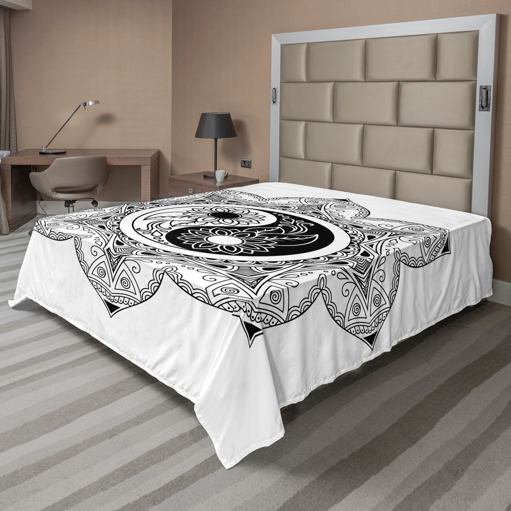 ABAKUHAUS Ying Yang Bettlaken, Boho Ying Yang Symbol In Einer Blume Zen Hippie Design Floral Mandala Pattern, weiches bequemes oberes Bettlaken fü...