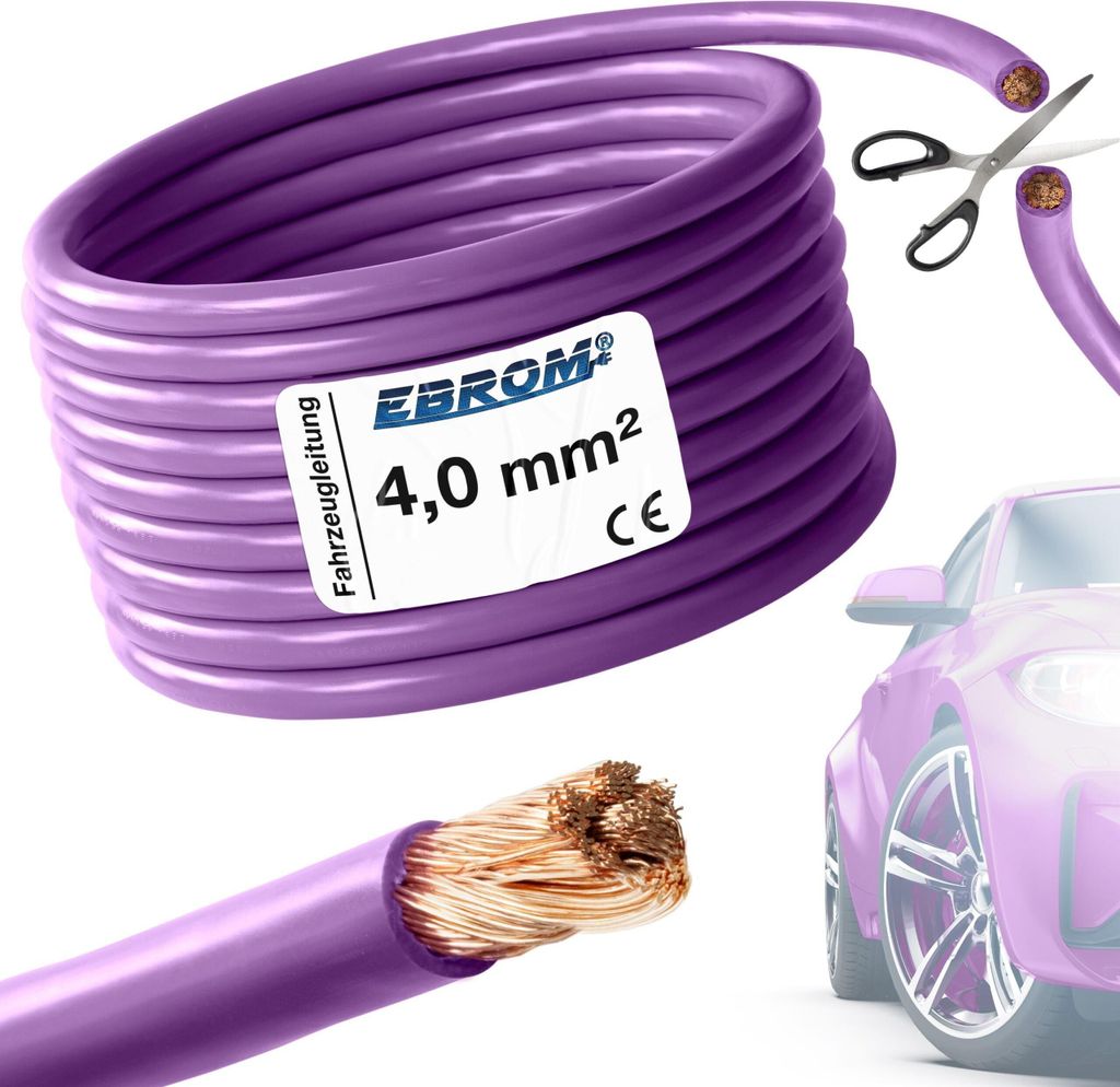 15 Meter EBROM FLRY 4mm2 Fahrzeugleitung - KFZ Leitung - Farbe: violett - Querschnitt 4 mm² (mm2) flexibel 90 ± 5 Shore 99,99% Kupfer Mantel PVC ...