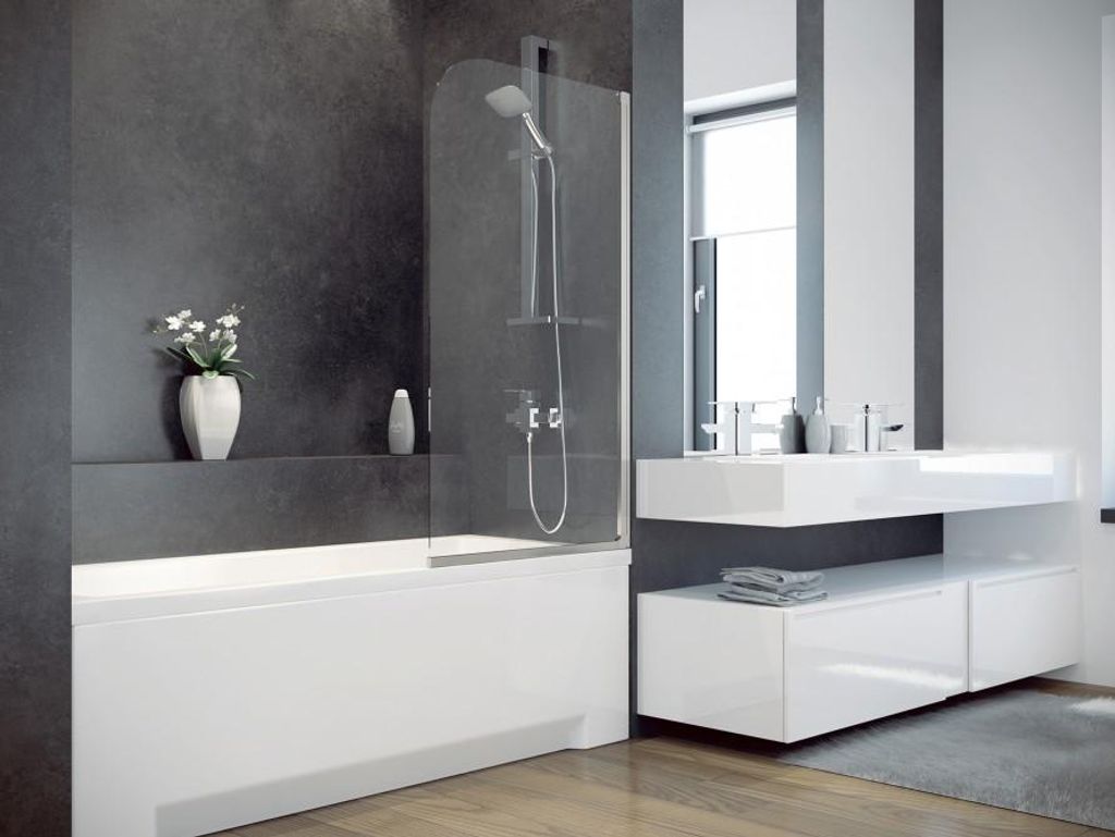 Badewanne MODERN 180x80 mit Füßen, mit Siphon und Schürze (1x kurz, 1x lang - zwei Seiten) mit Dushwand- 140x70 chrom