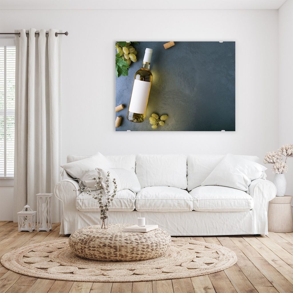 Glasbild Wandbild Flasche Weisswein 100x75cm in XXL für Wohnzimmer, Schlafzimmer, Badezimmer, Flur