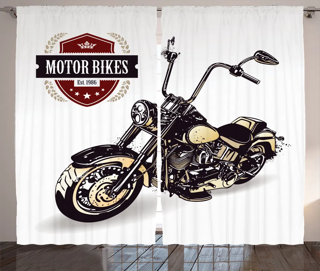 Rideau rustique ABAKUHAUS motif vieille moto vintage noir beige 280x225cm