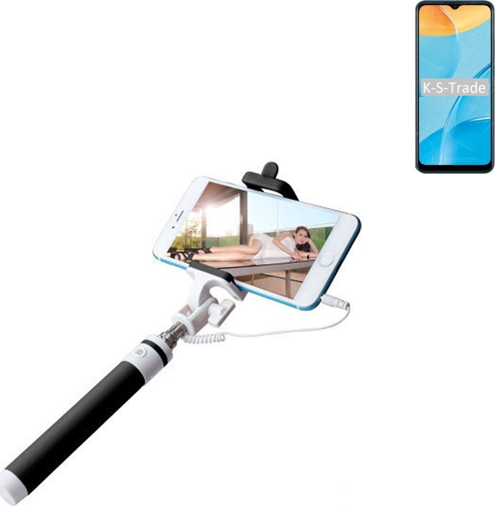 K-S-Trade Selfie Stick kompatibel mit Oppo A35 Selfiestick kabelgebunden Monopod mit Kabel Stab Stange Selfportrait Handheldstick schwarz 1x