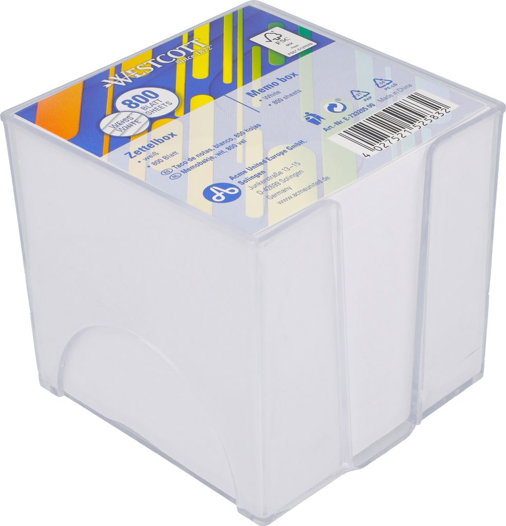 Westcott Notizzettel weiß 800 Blatt in Zettelbox | Notizblock mit 9 x 9 cm großen Blättern in weiß | Stabile Box aus transparentem Kunststoff |...