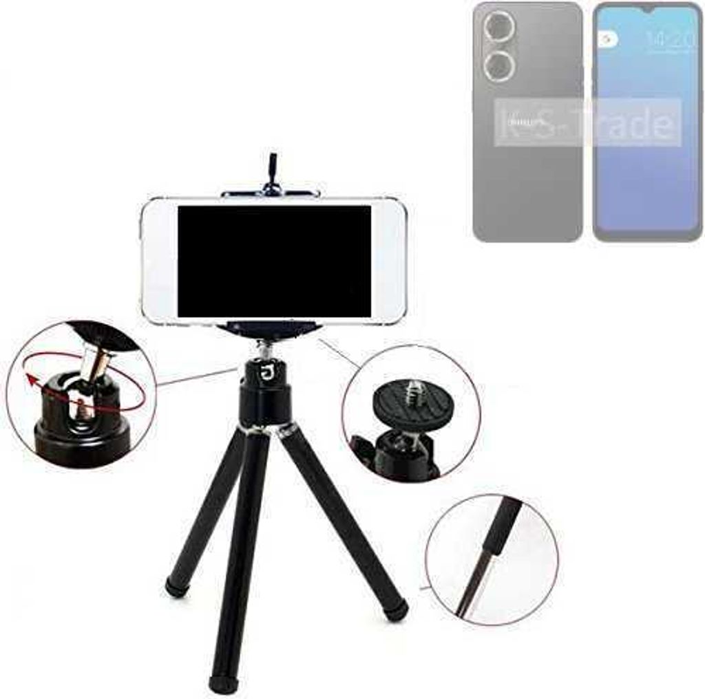 K-S-Trade Smartphone Stativ Dreibein kompatibel mit Philips S20 Tripod aus Aluminium Klemmstativ Stativ Adapter für Mobiltelefone schwarz 1x