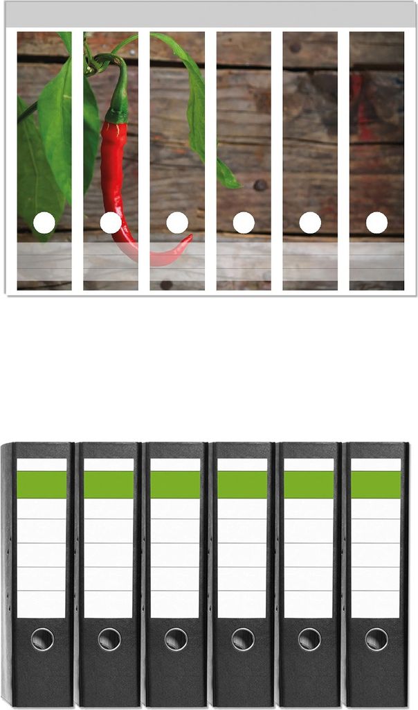 Wallario 6 Stück breite Ordner inkl. Klebeetiketten mit Motive Hängende Chili-Schote - Set mit Rückenschildern / Ordnerrücken Stickern