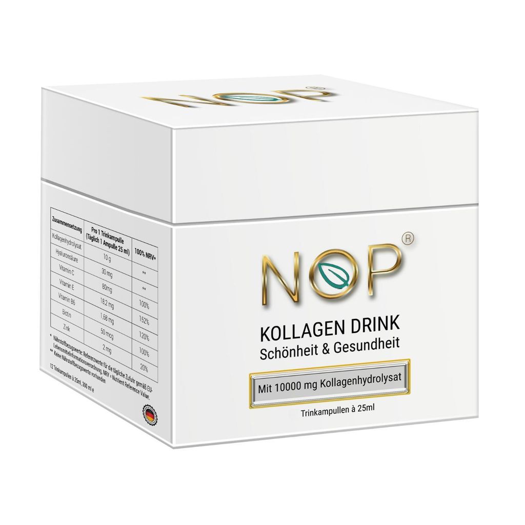 NOP Kollagen Drink 10.000 mg – 30 Trinkampullen mit Hyaluronsäure, Vitamin C, Zink & Biotin – Haut, Haare & Nägel – 30x 25 ml