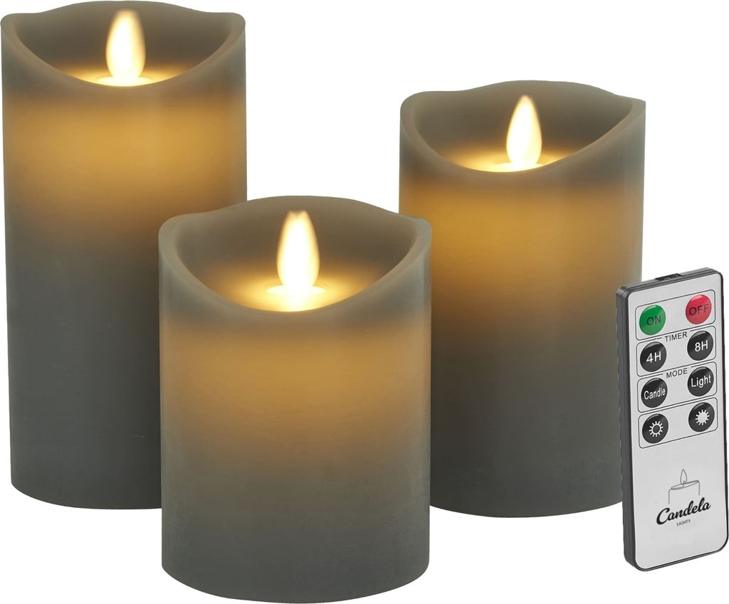Candela Lights LED Kerzen 3er Set Stumpenkerze Grau Echtwachs mit Fernbedienung Timer Funktion & mehrstufig dimmbar bewegliche Flamme Echtwachskerzen