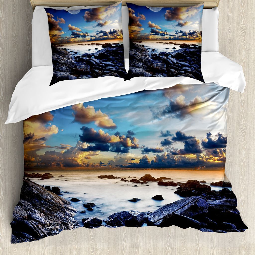 ABAKUHAUS Ozean Bettbezug, Vollmond Dunkle Wolken, Milbensicher Allergiker geeignet mit Kissenbezügen, 200 cm x 200 cm - 80 x 80 cm, Blau Orange S...