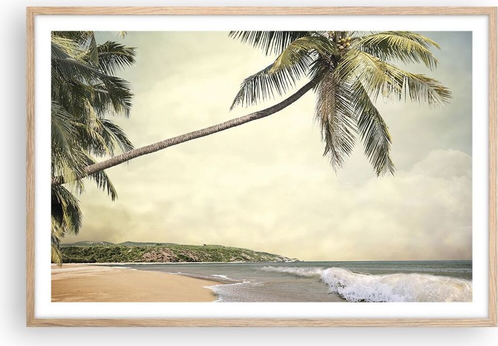 Gerahmtes Poster - Rahmen in heller Eiche - Palme Strand Insel - 91,5x61 cm - Wand Bild - Wanddeko - Wandbilder - Wandposter - Bilderrahmen - Bilde...